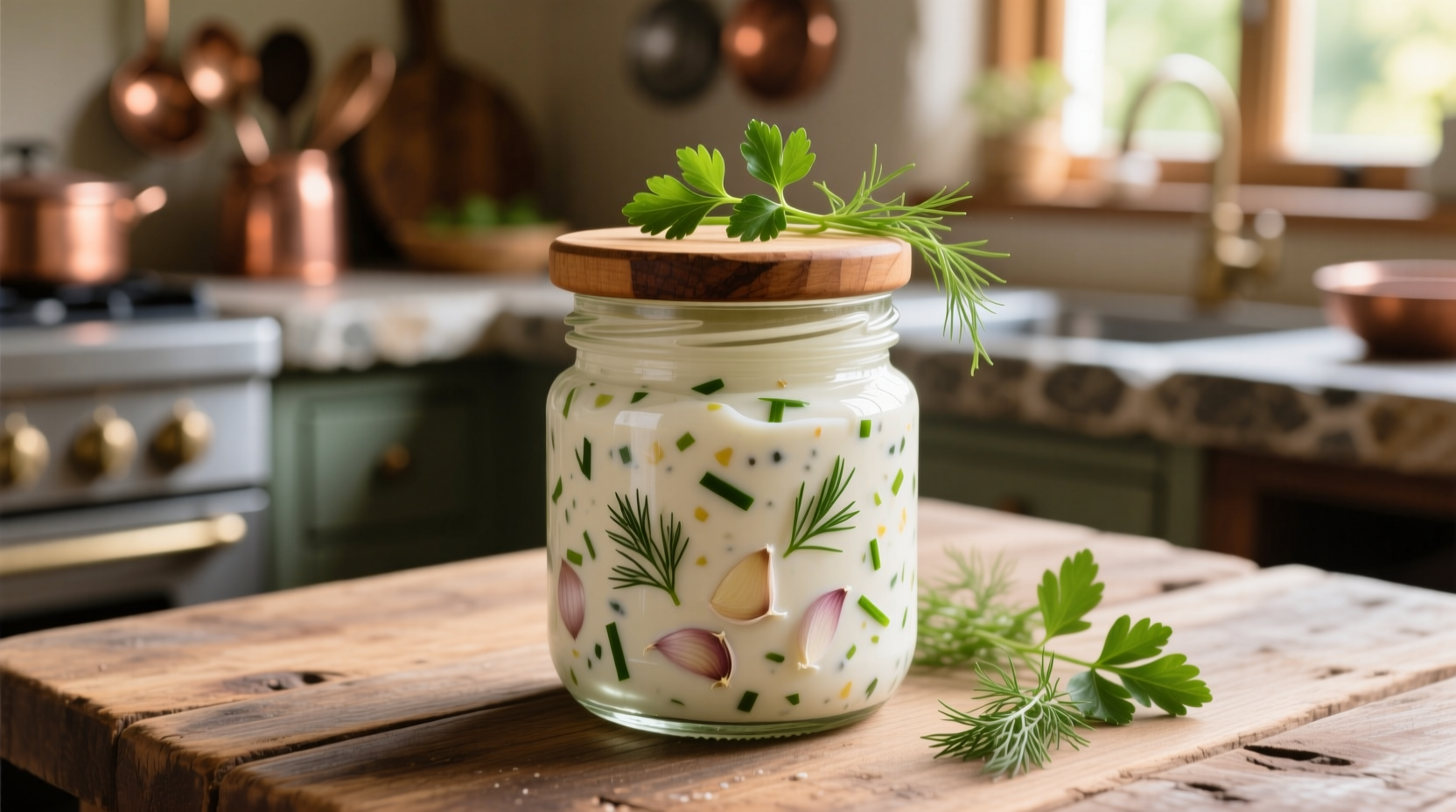 Homemade garlic cream in glass jar with fresh herbs