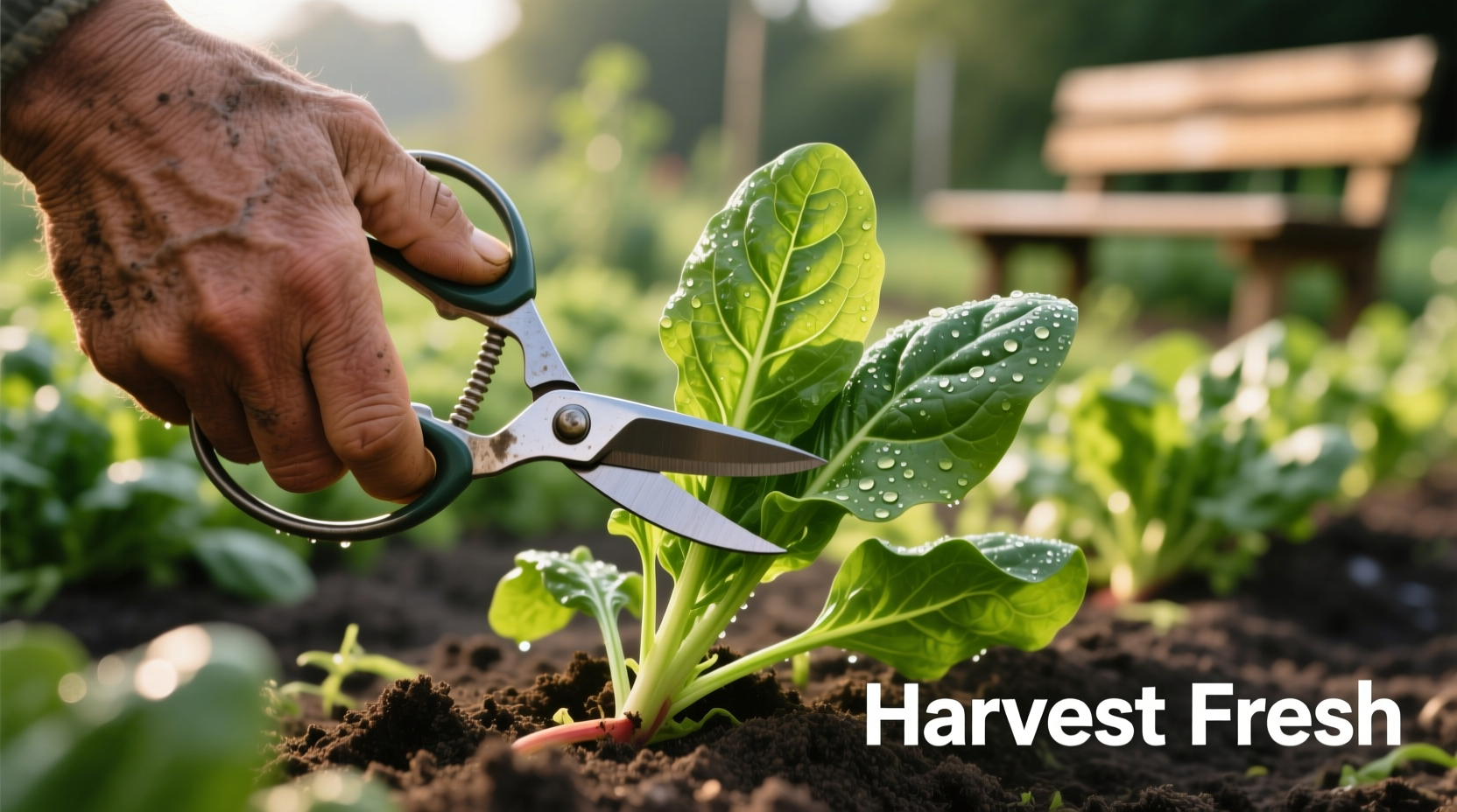 Close-up of hand harvesting spinach leaves with scissors