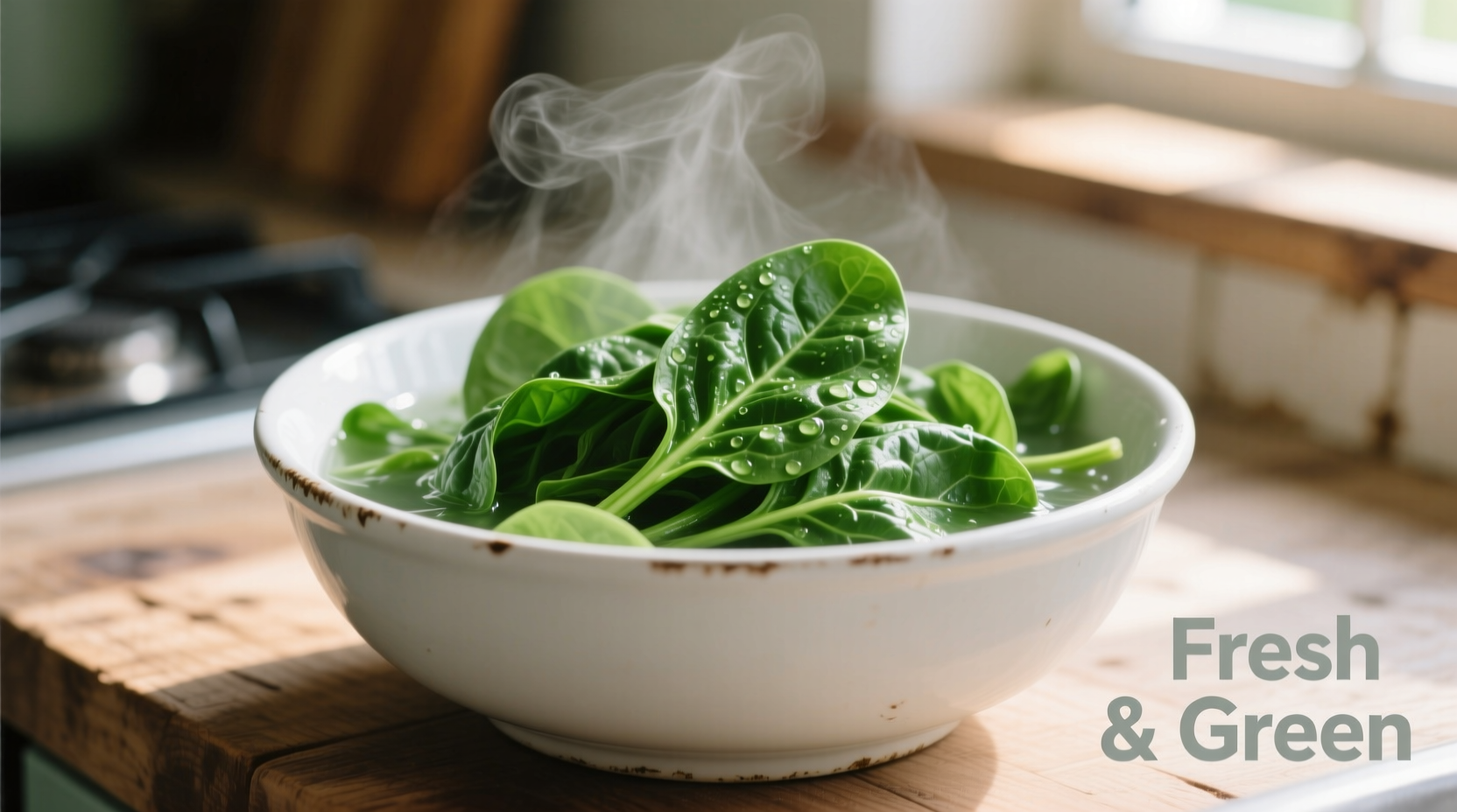 Freshly boiled spinach in white bowl showing vibrant green color and texture