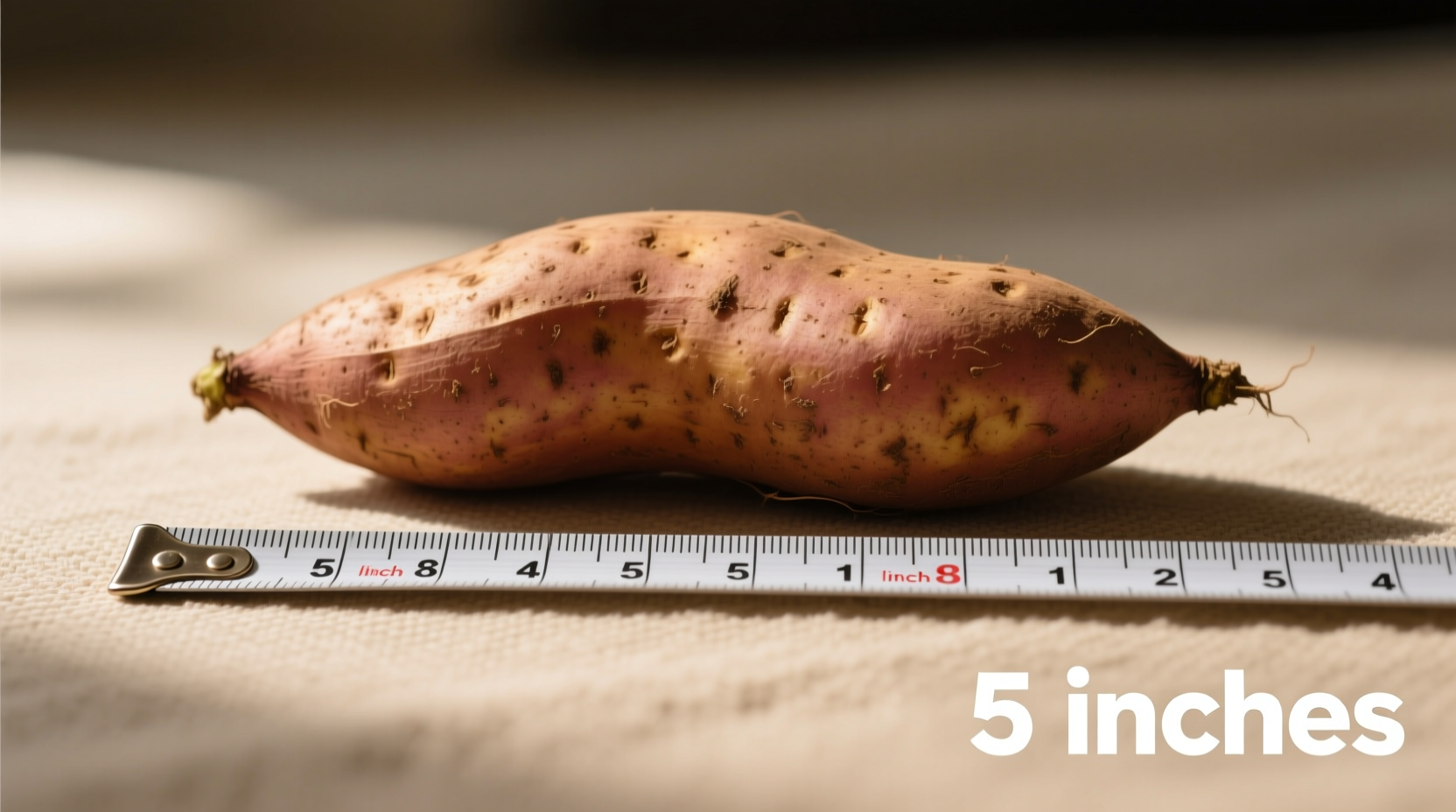 Medium sweet potato next to measuring tape showing 5-inch length