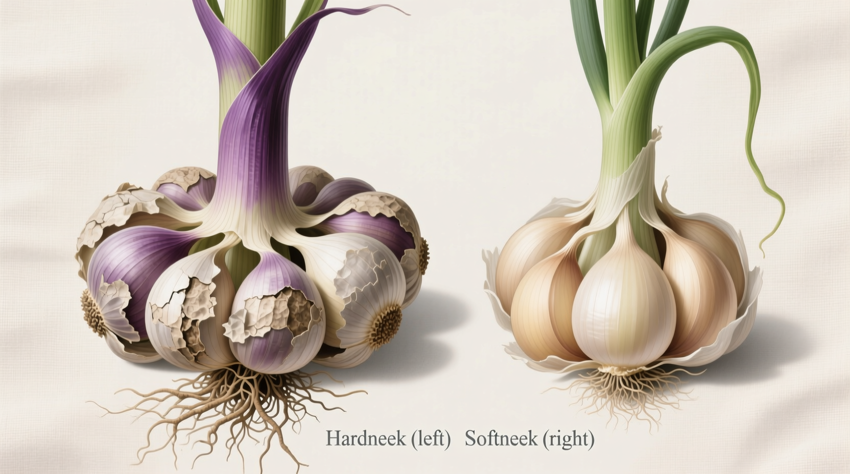 Side-by-side comparison of hardneck and softneck garlic bulbs