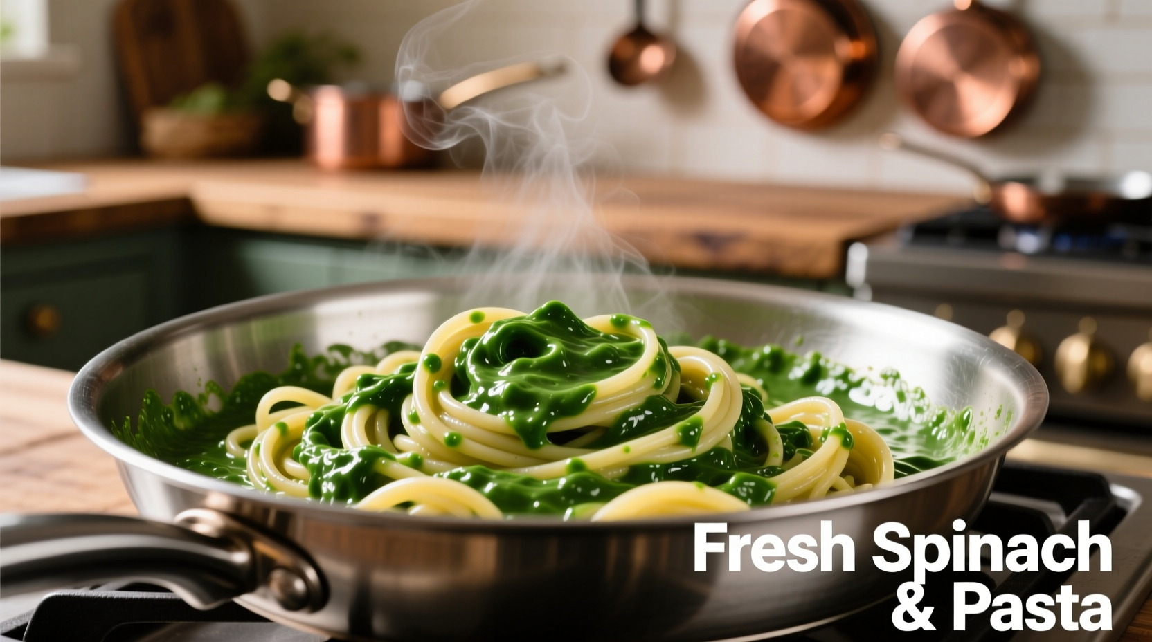 Fresh spinach sauce swirling in pan with pasta