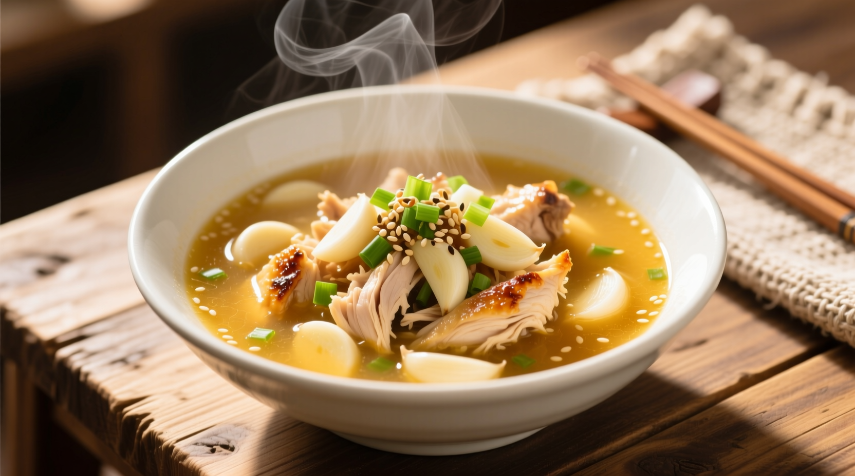 Golden garlic chicken soup in white ceramic bowl