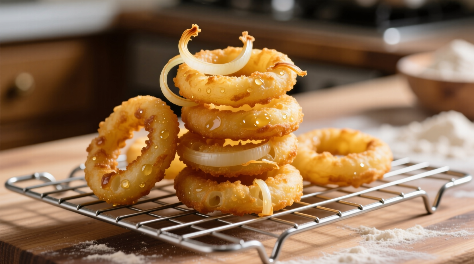Golden crispy homemade onion rings on wire rack