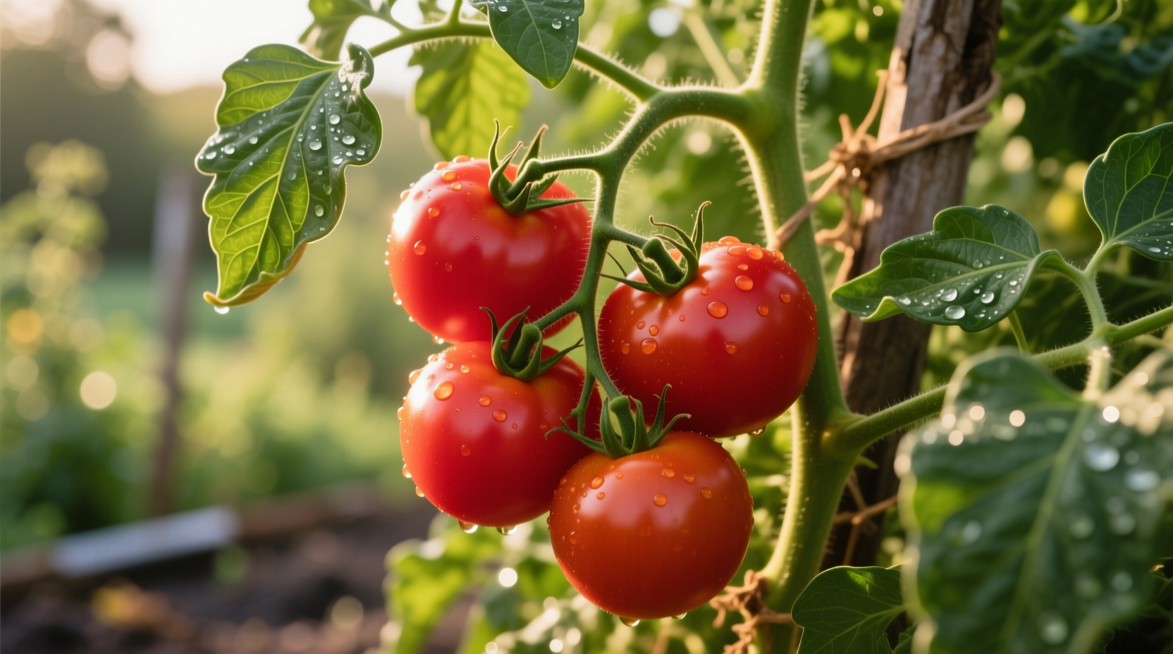 Ripe big beef tomatoes on vine with healthy green foliage