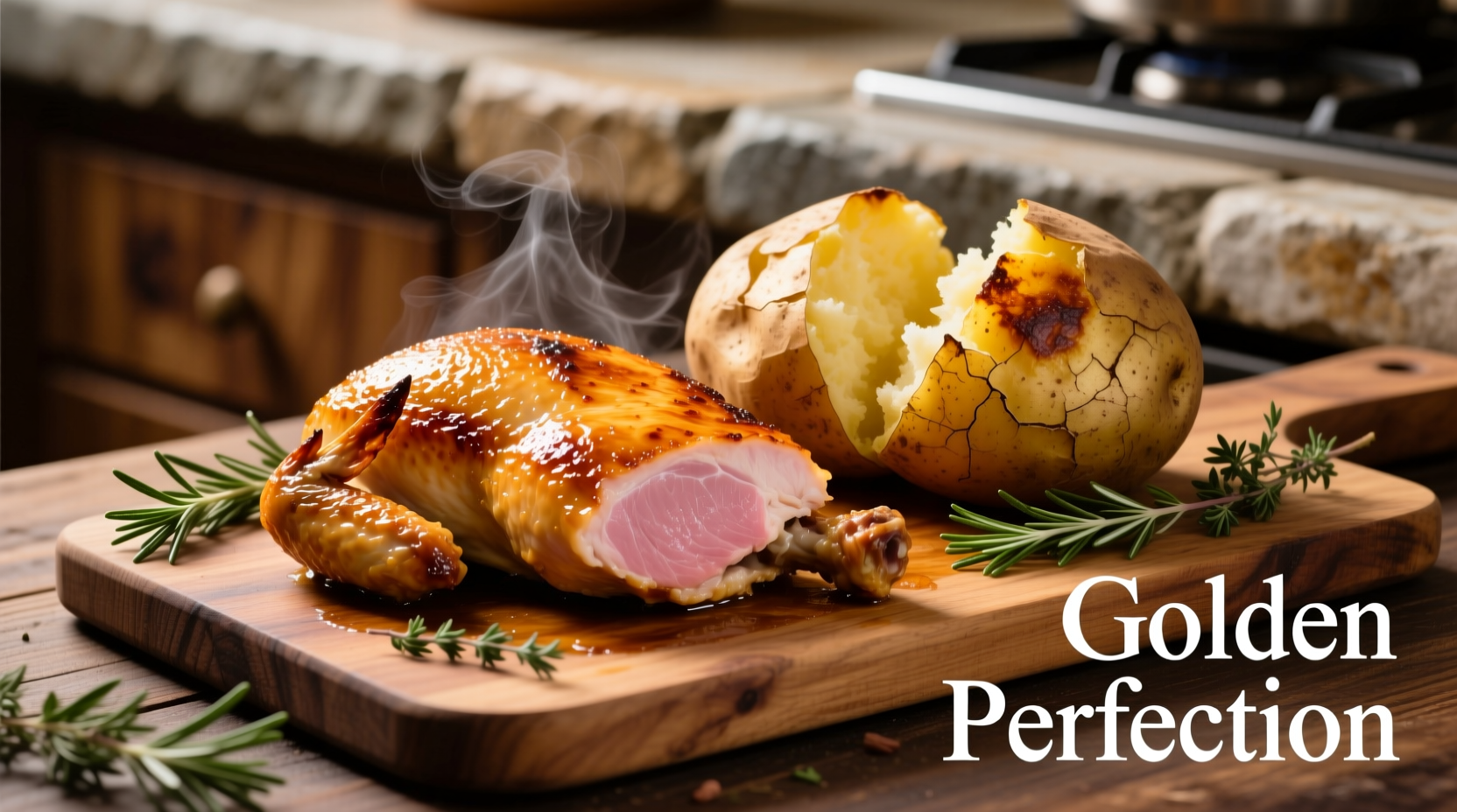 Perfectly roasted chicken breast with golden baked potato