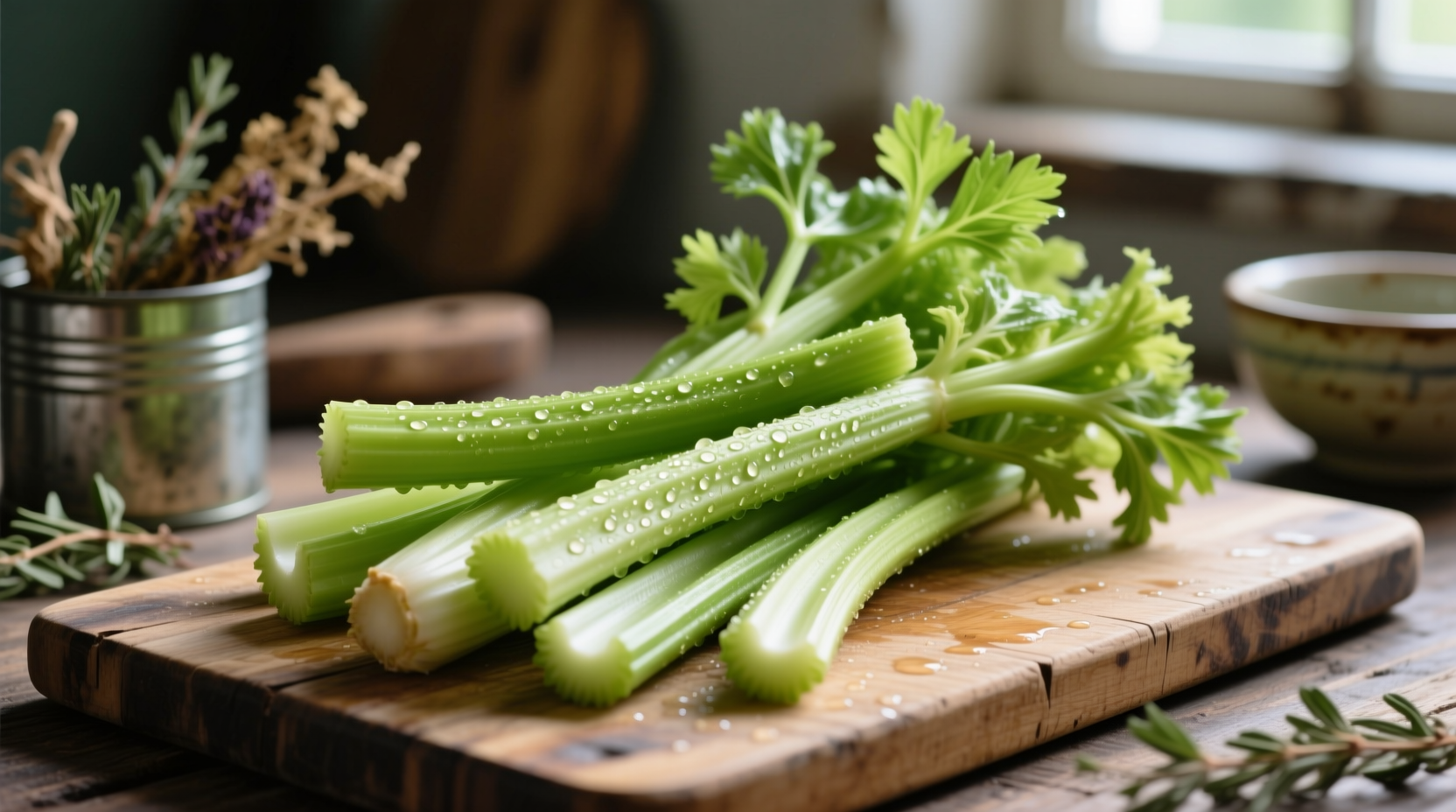 Fresh green celery stalks arranged on wooden cutting board