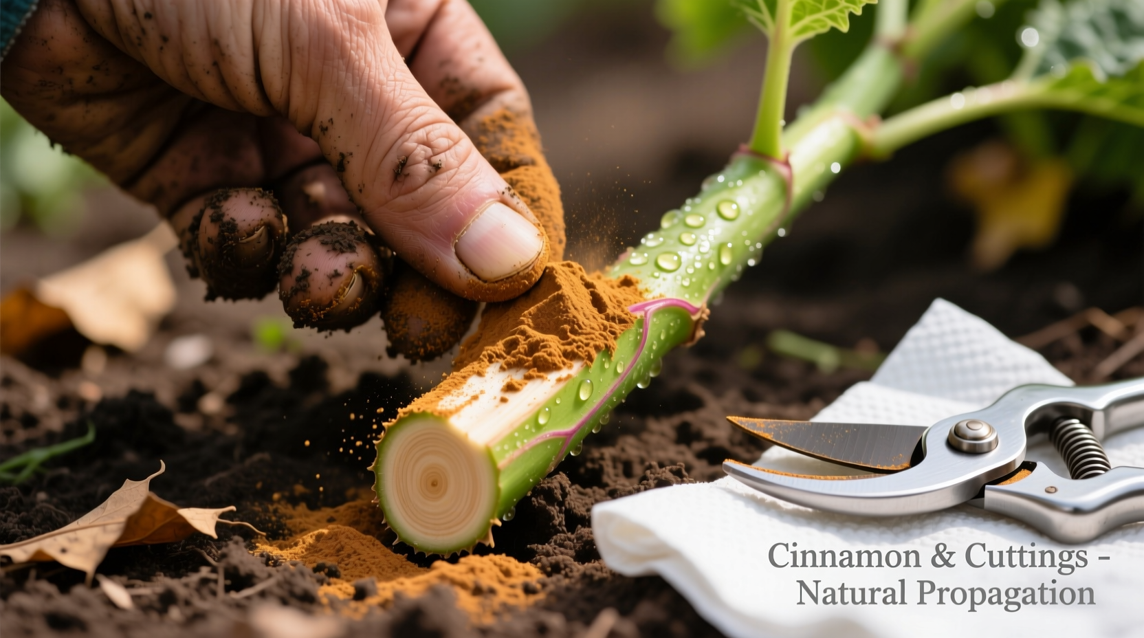 Close-up photo of a gardener’s hand applying fine cinnamon powder to the angled, freshly cut base of a coleus stem—powder adheres visibly to the moist cambium ring, with clean pruning shears and a white paper towel nearby.