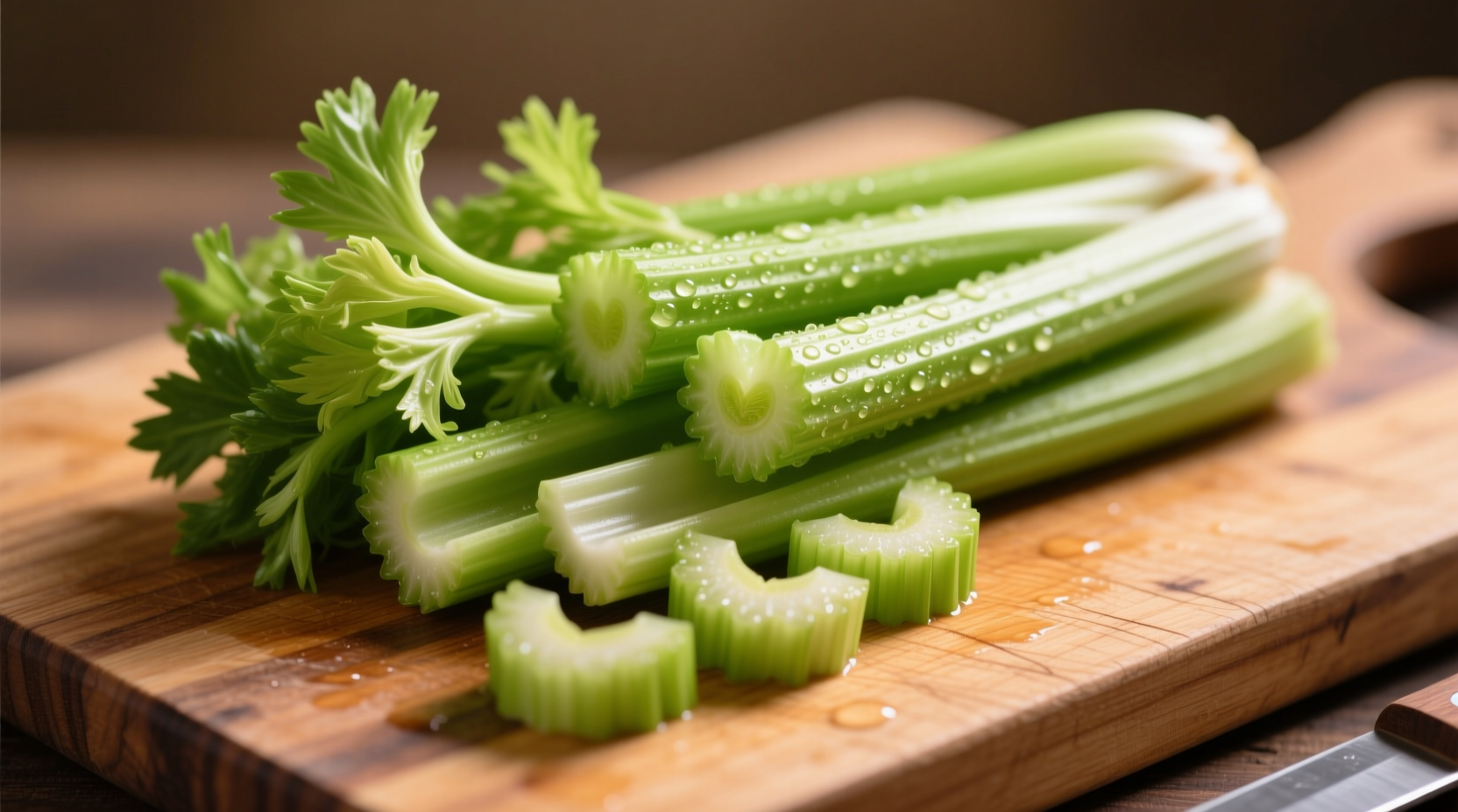 Fresh celery hearts on wooden cutting board