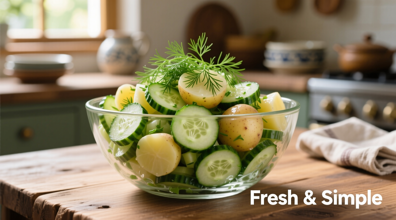 Fresh cucumber potato salad in glass bowl with dill garnish