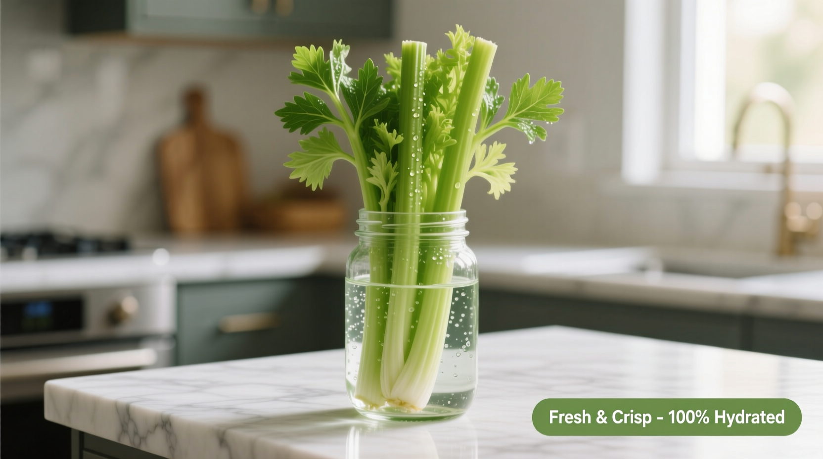 Celery stalks standing upright in a water-filled glass container