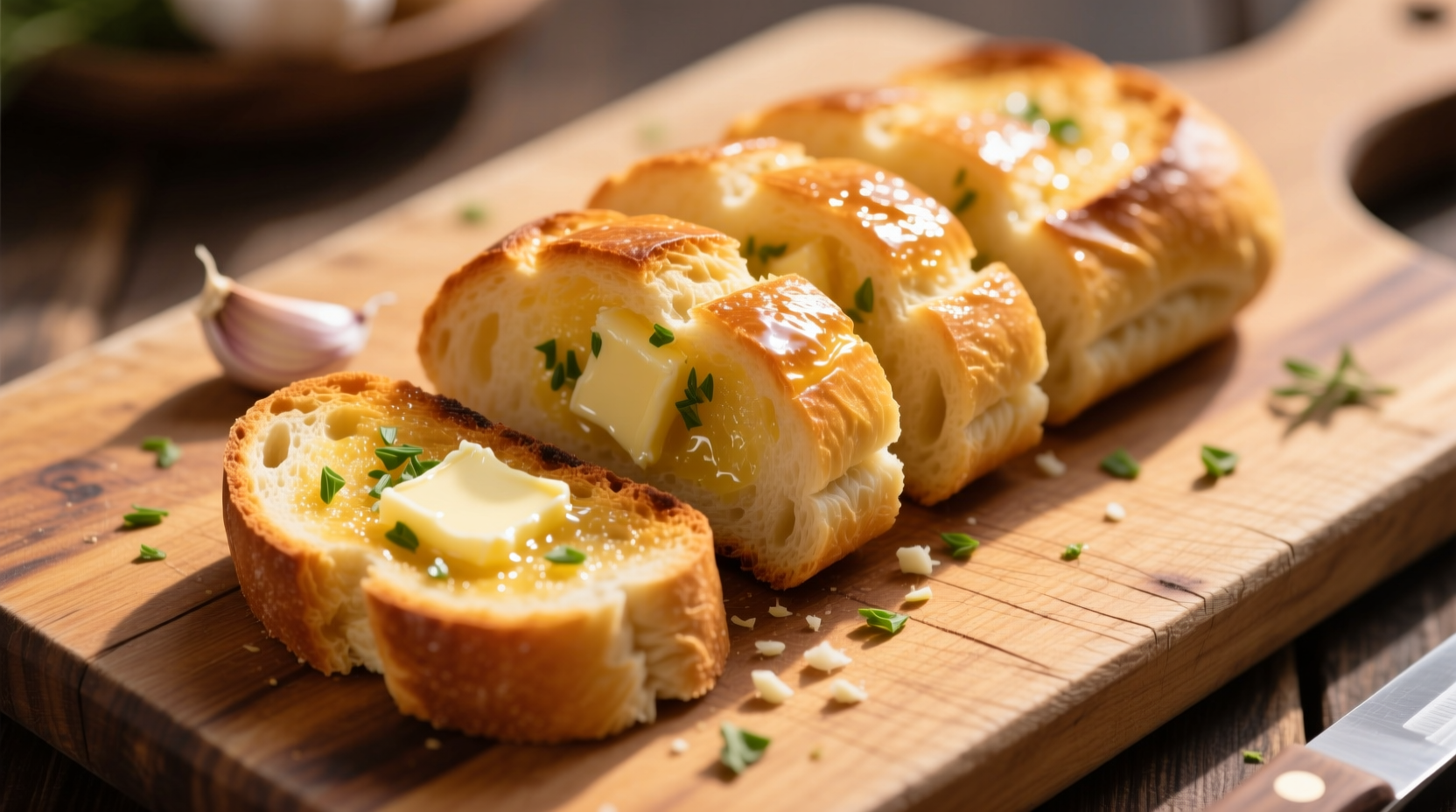 Perfectly golden garlic bread sliced on wooden board