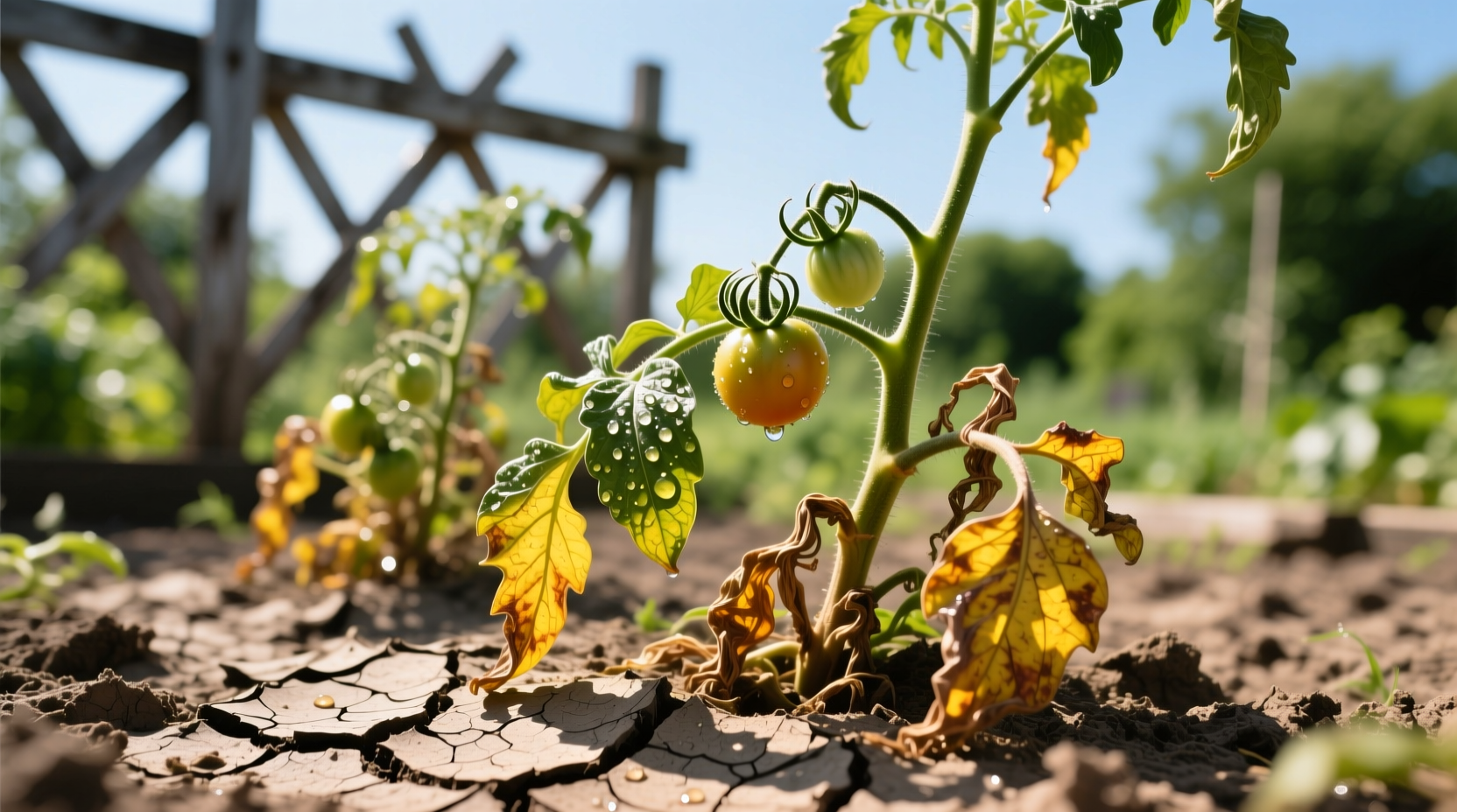 Tomato plants showing heat stress symptoms in summer garden
