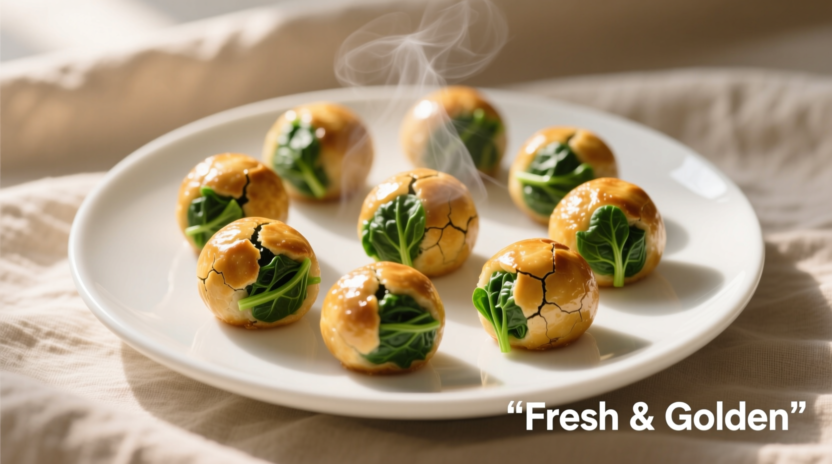 Golden spinach balls arranged on white plate