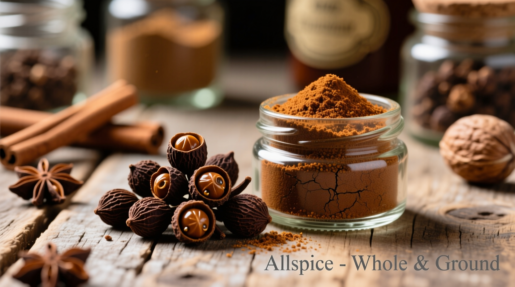 Allspice entier et moulu dans des pots à épices