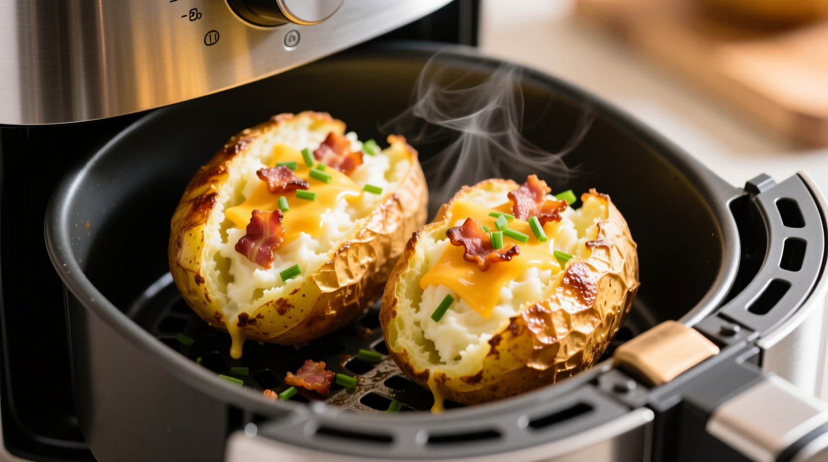 Crispy golden twice baked potato halves in air fryer basket