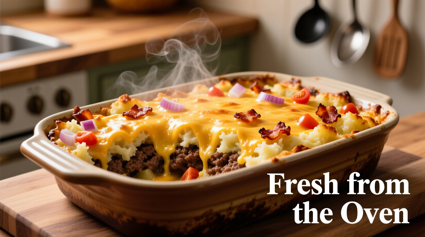 Cheesy hamburger potato casserole fresh from oven