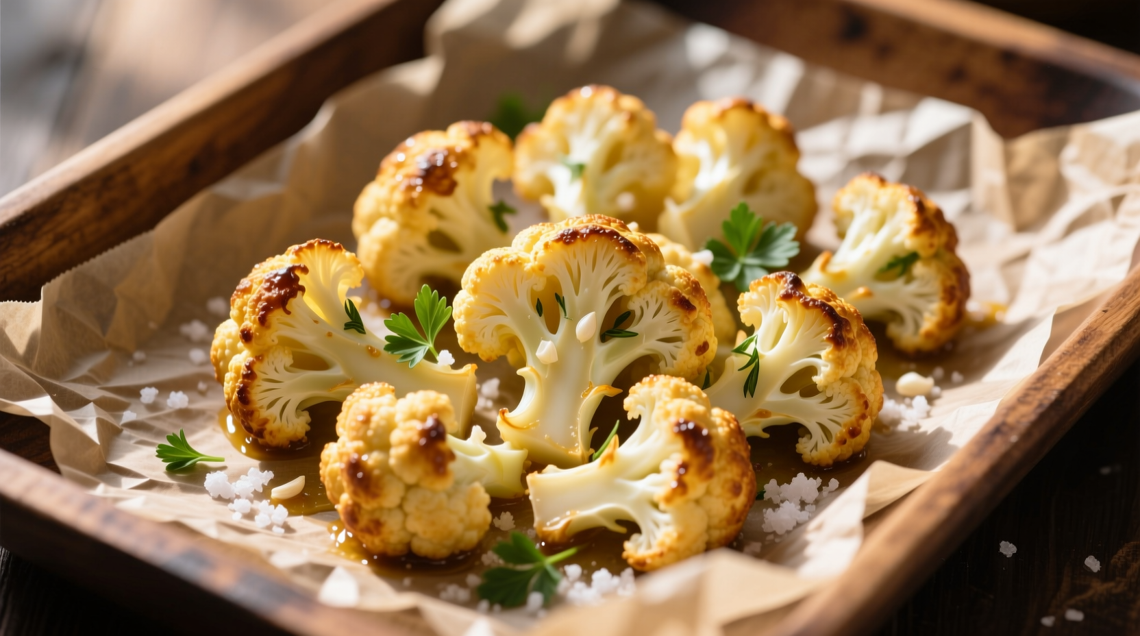 Golden baked cauliflower florets on parchment paper
