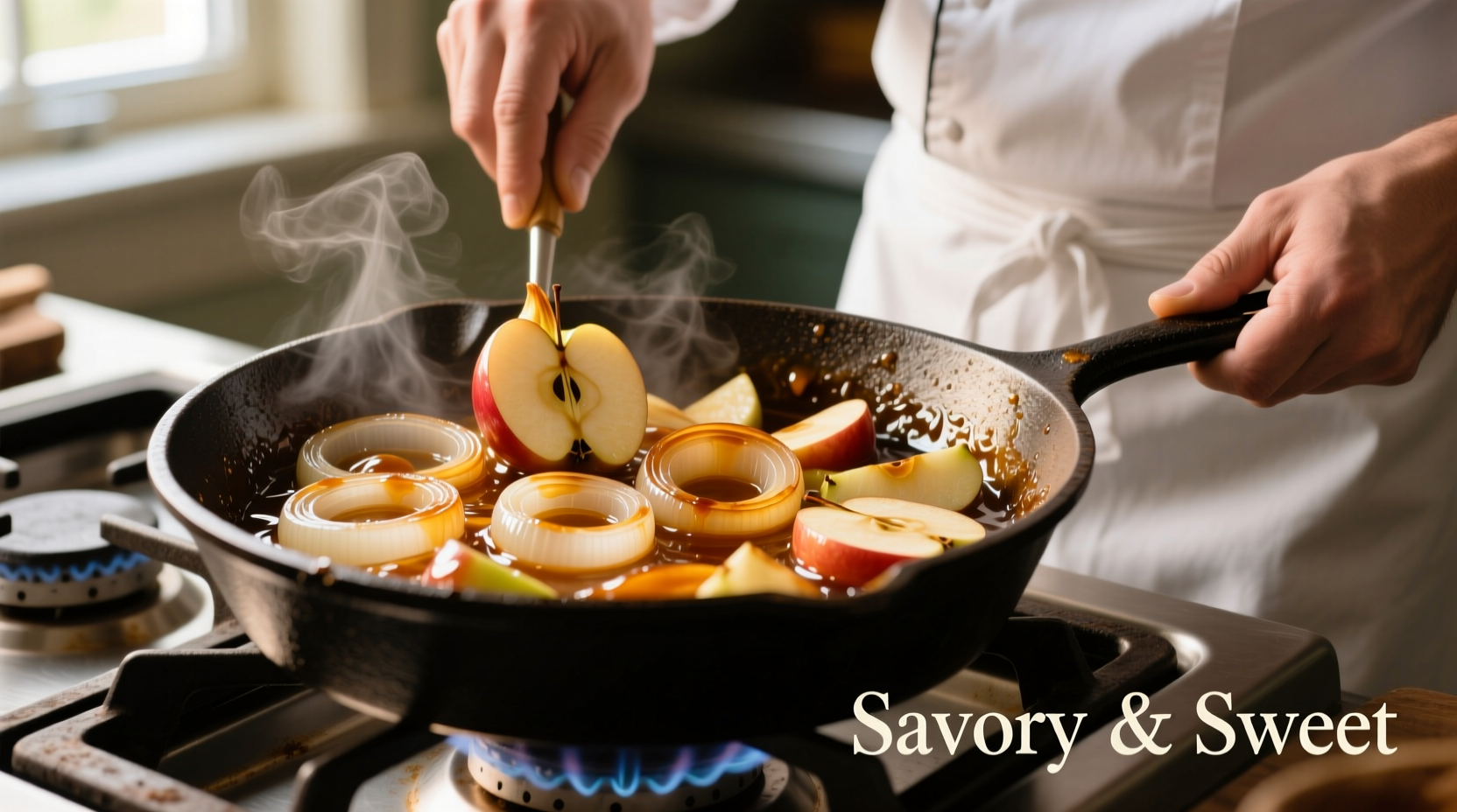 Chef preparing caramelized onions with apples in cast iron skillet