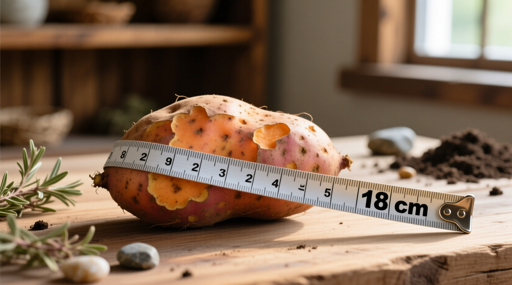 Medium sweet potato with measuring tape showing size