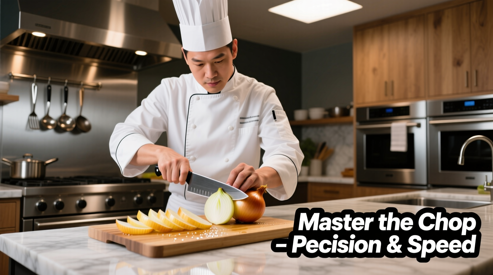 Professional chef demonstrating proper onion chopping technique