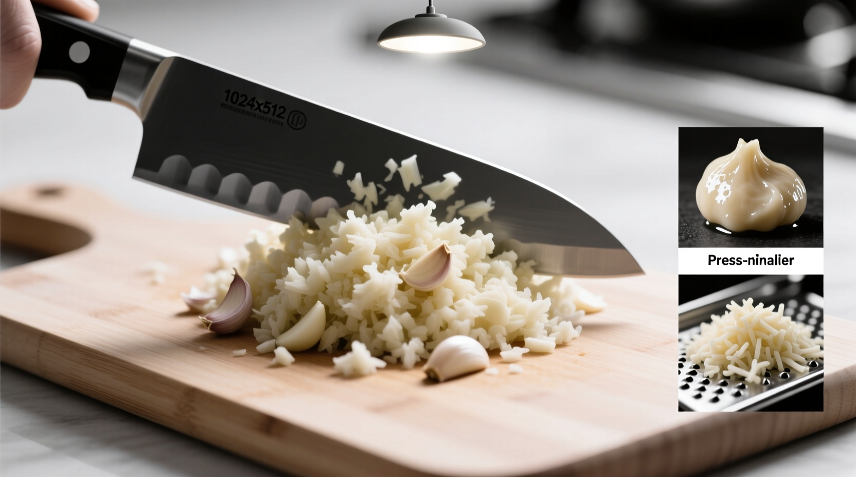 Side-by-side comparison: knife-minced (fluffy pile), press-minced (wet paste), grater-minced (fine shreds)