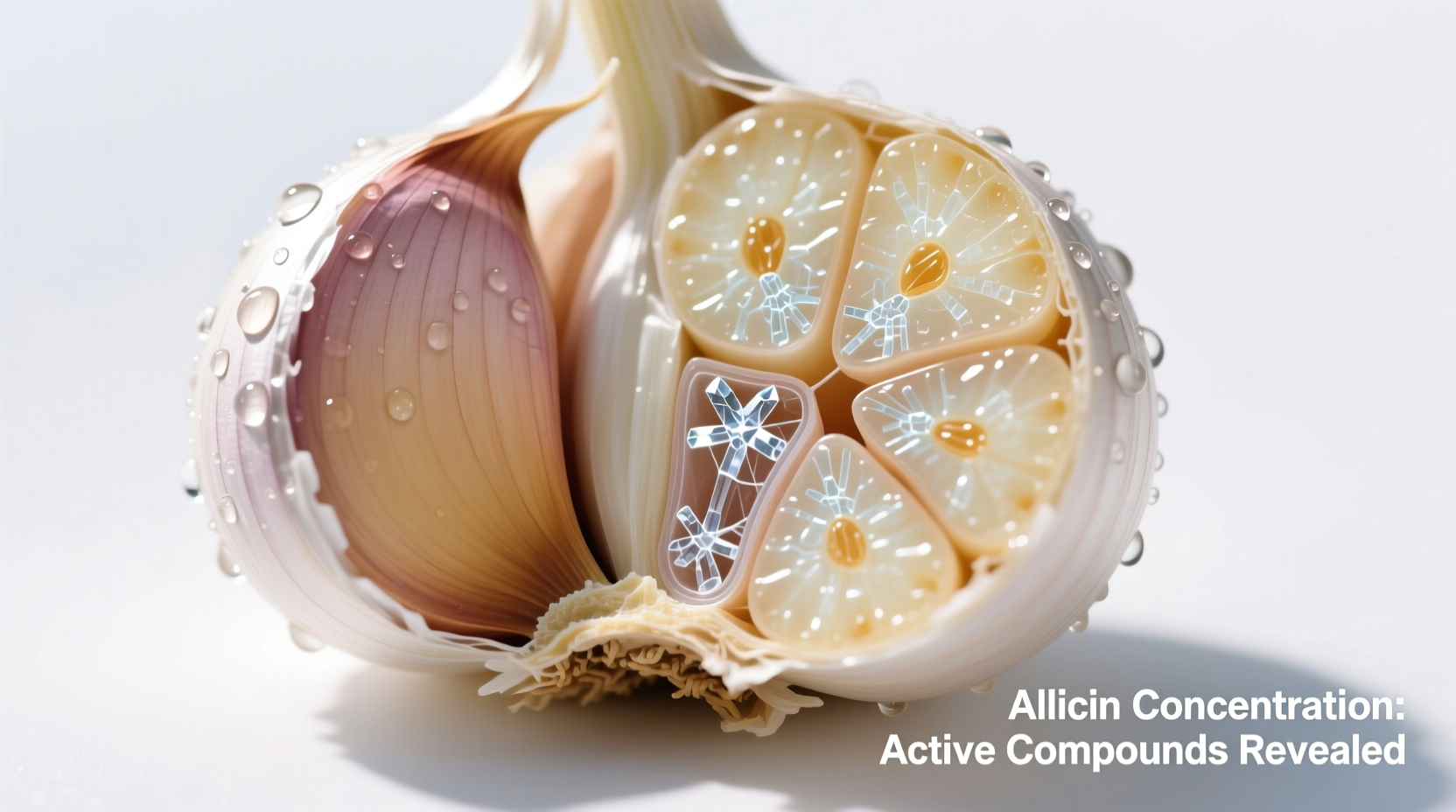 Fresh garlic cloves with cross-section showing active compounds