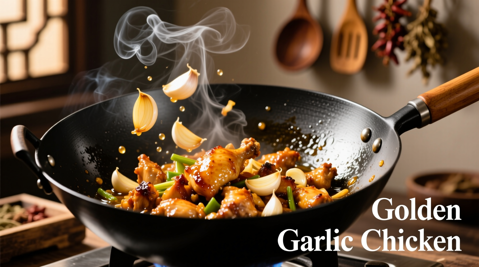 Sizzling wok with golden chicken and garlic