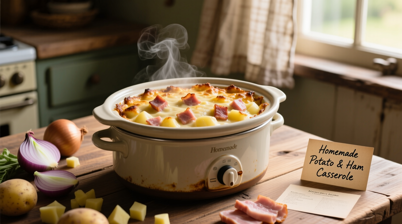 Slow cooker filled with creamy potato and ham casserole