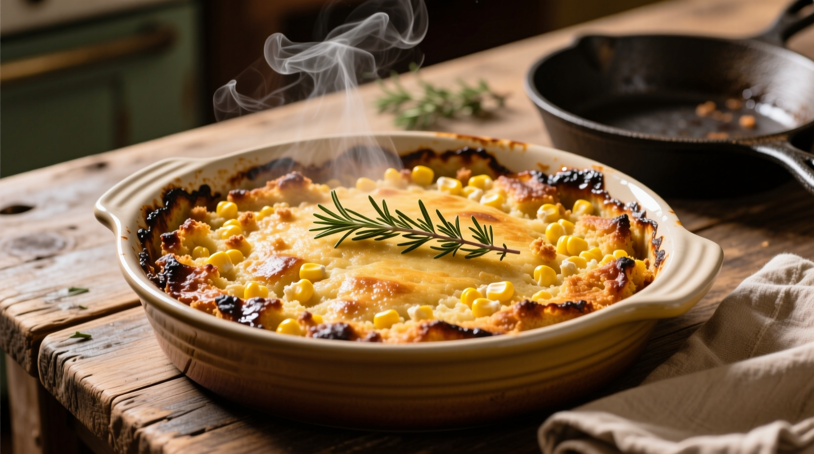 Golden brown cornbread dressing fresh from oven