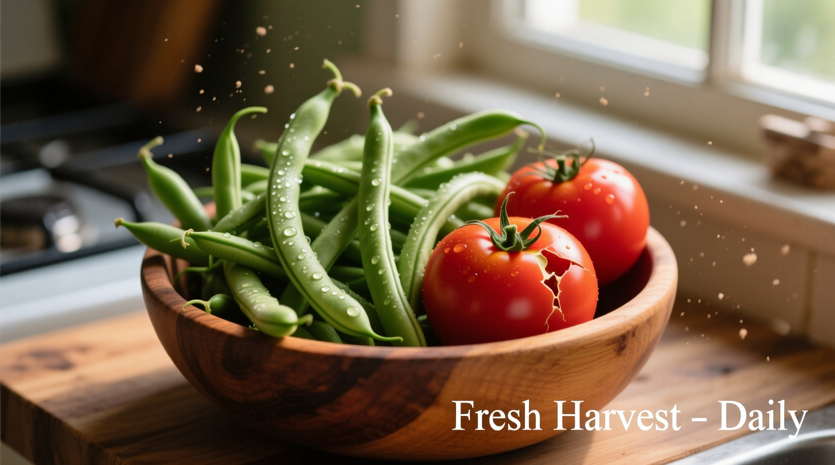 Fresh green beans and tomatoes in wooden bowl