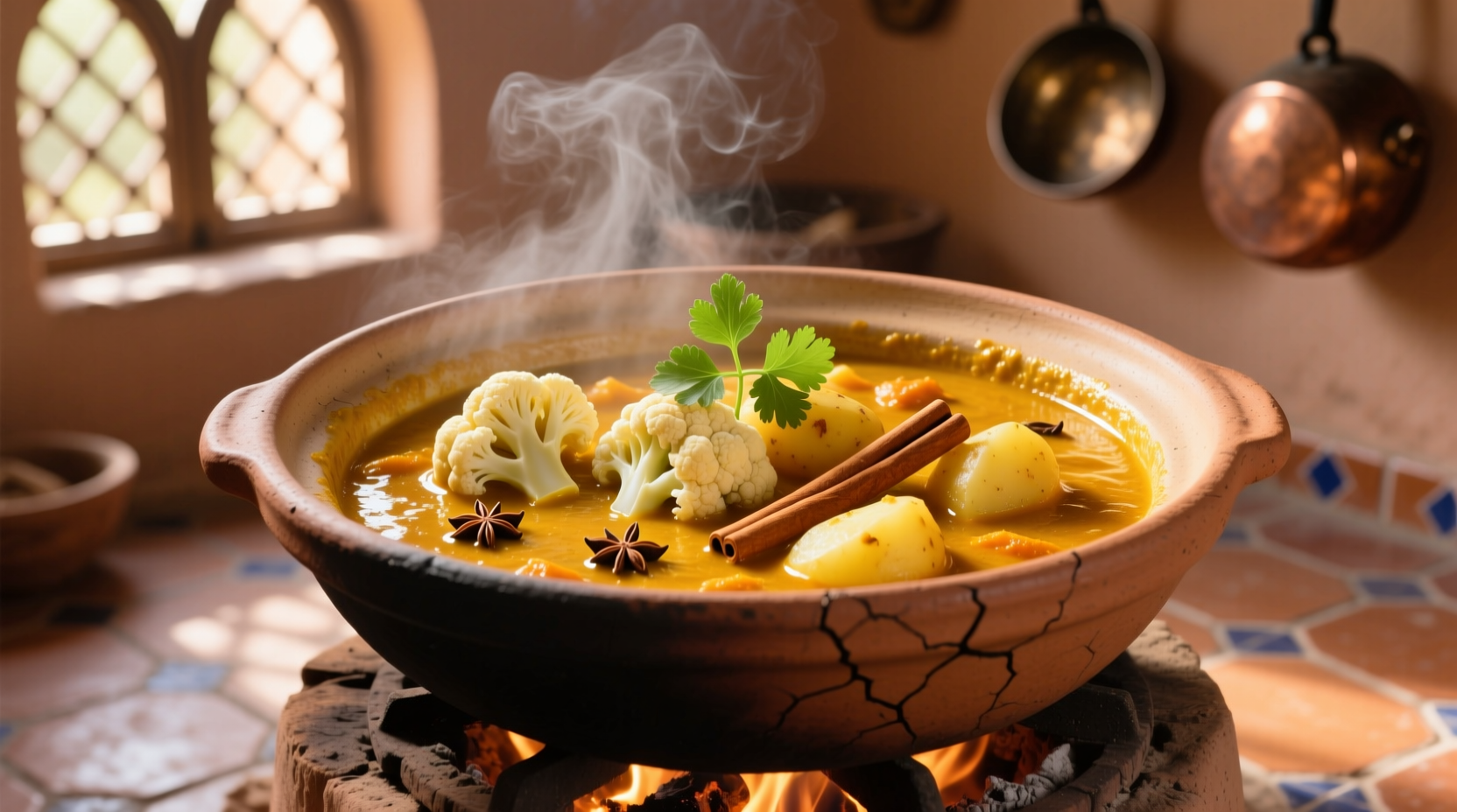 Golden cauliflower and potato curry in clay pot