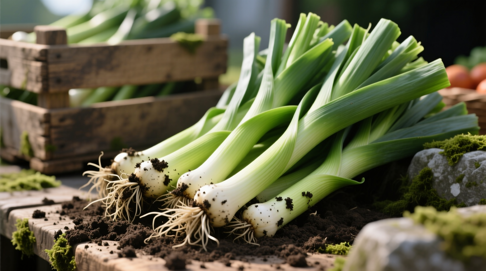 Fresh leeks with soil still visible