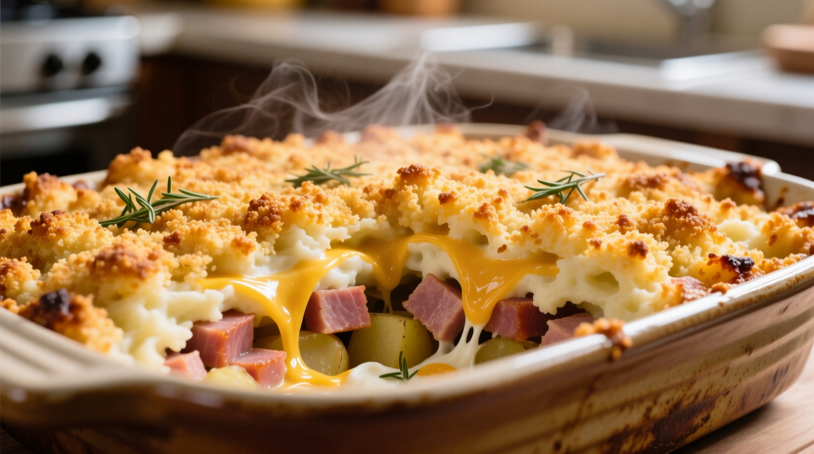 Golden baked ham potato cheese casserole with crispy topping