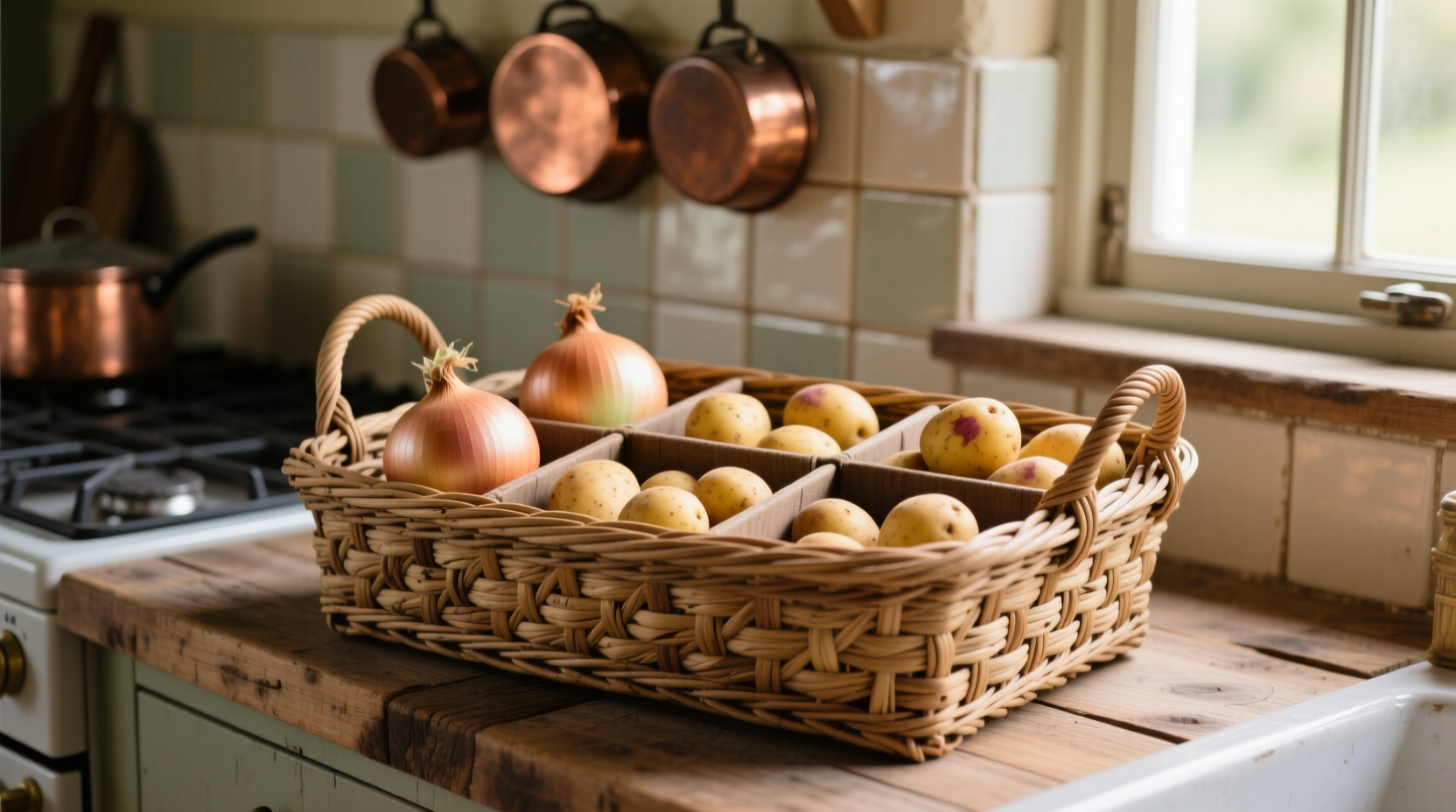 Woven onion potato basket with separate compartments on kitchen counter