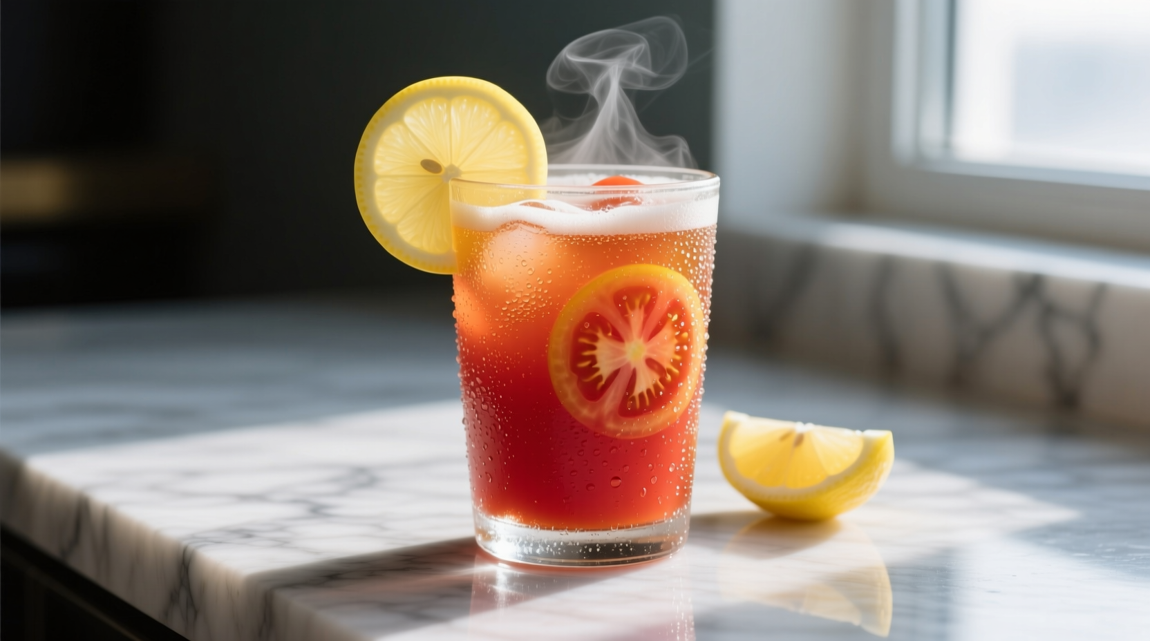 Erfrischender Bier-Tomatensaft-Cocktail in einem gekühlten Glas mit Zitronengarnitur