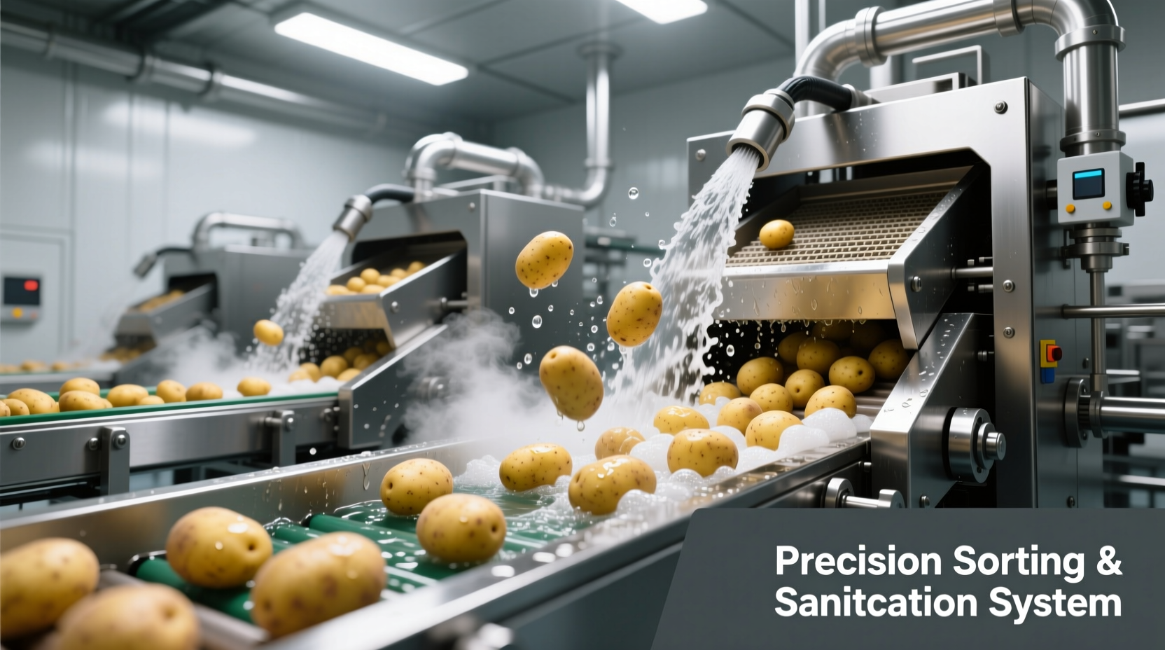 Industrial potato processing line showing sorting and washing stages