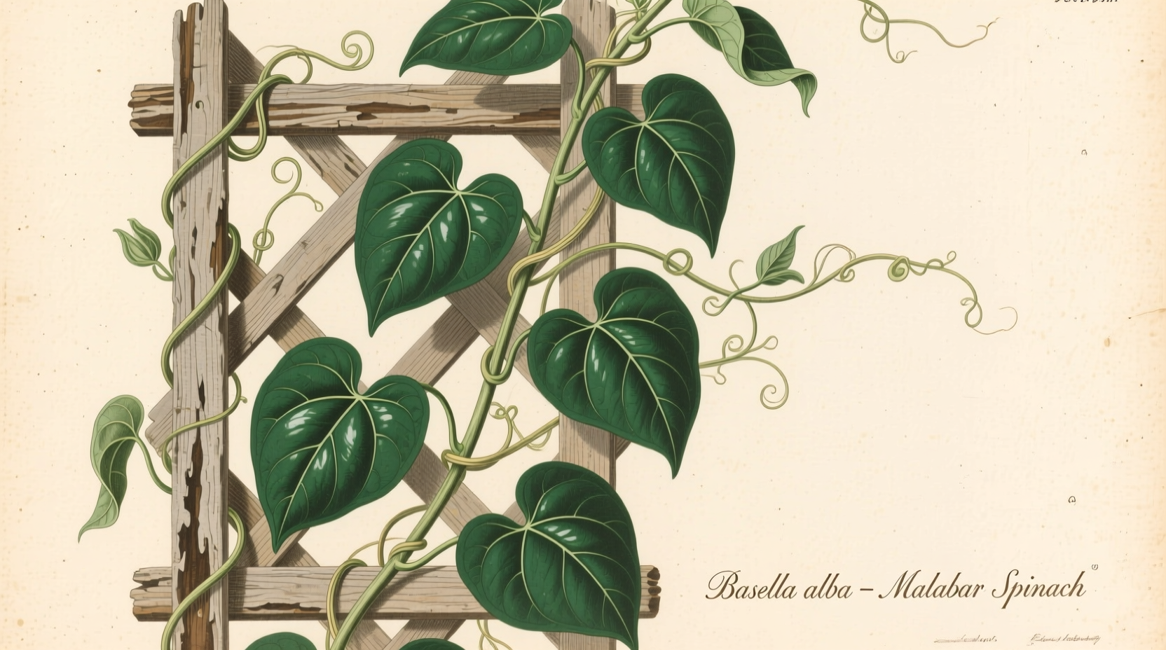 Malabar spinach vine growing on trellis with heart-shaped leaves