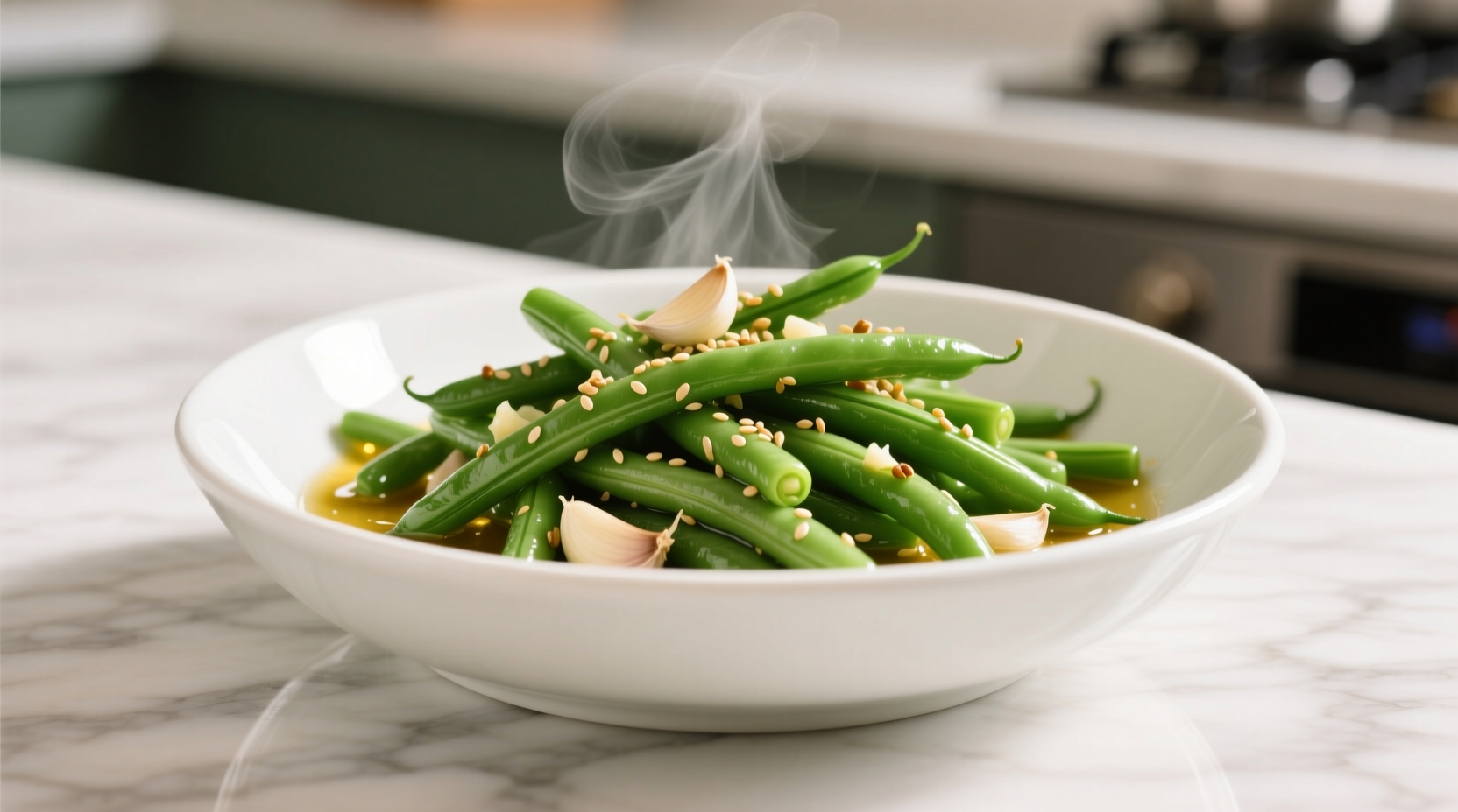 Perfectly cooked garlic green beans in white bowl