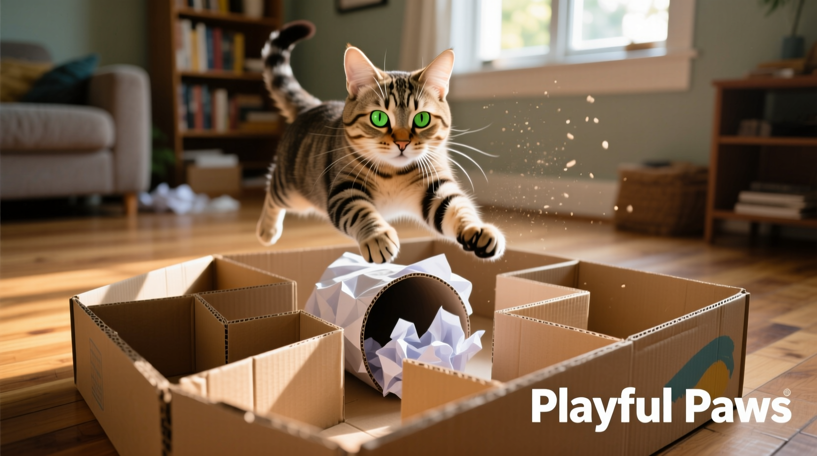 Cat playing with cardboard box maze toy