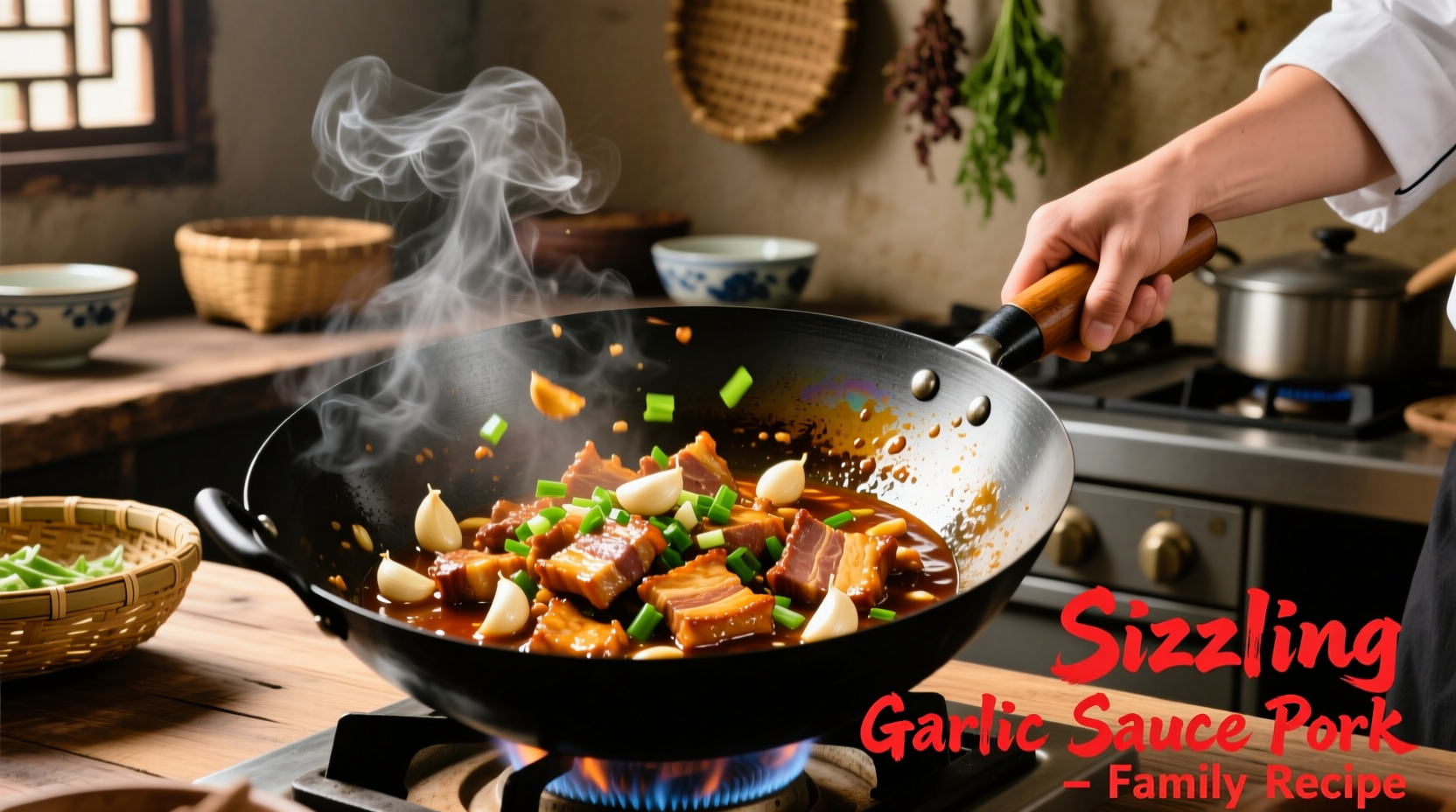Sizzling garlic sauce pork in traditional wok