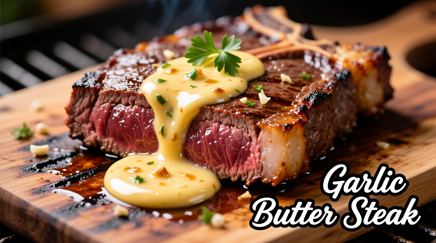 Homemade garlic butter sauce drizzled over medium-rare steak