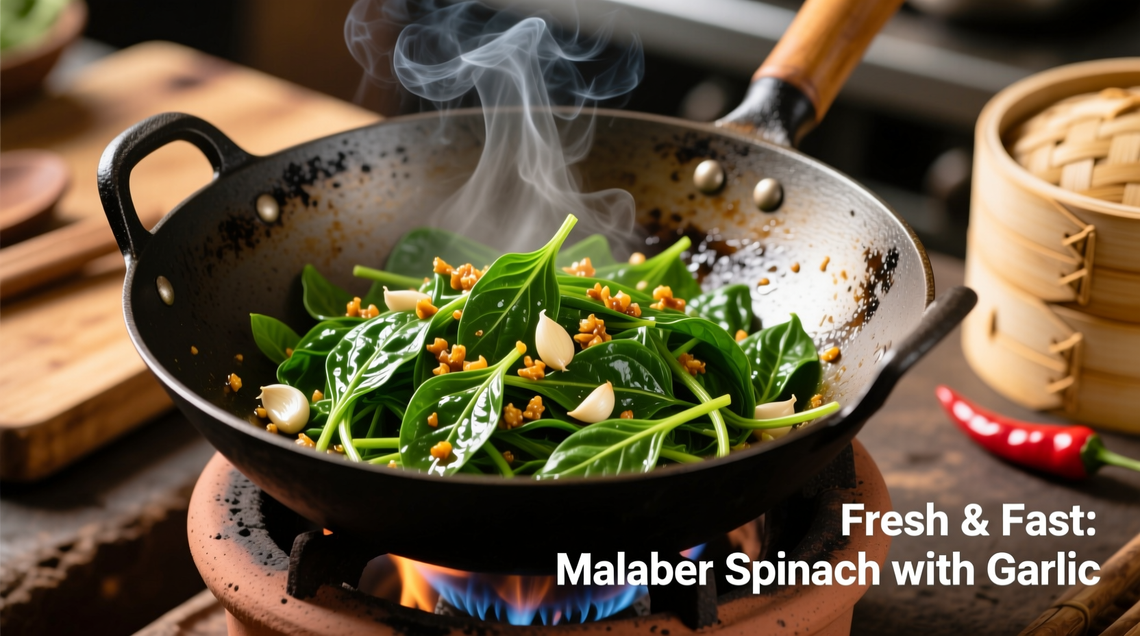 Fresh malabar spinach leaves in wok with garlic