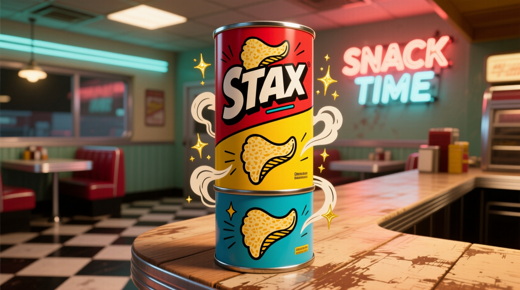 Stacked Stax potato chips in distinctive vertical packaging