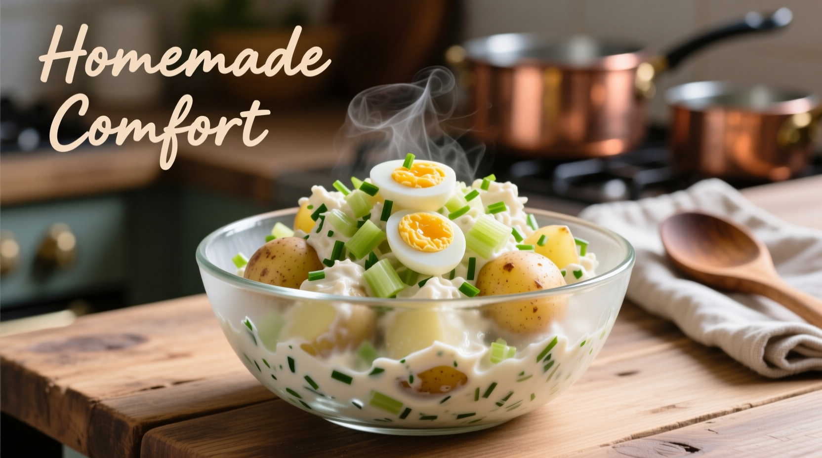 Perfectly textured potato salad in glass bowl