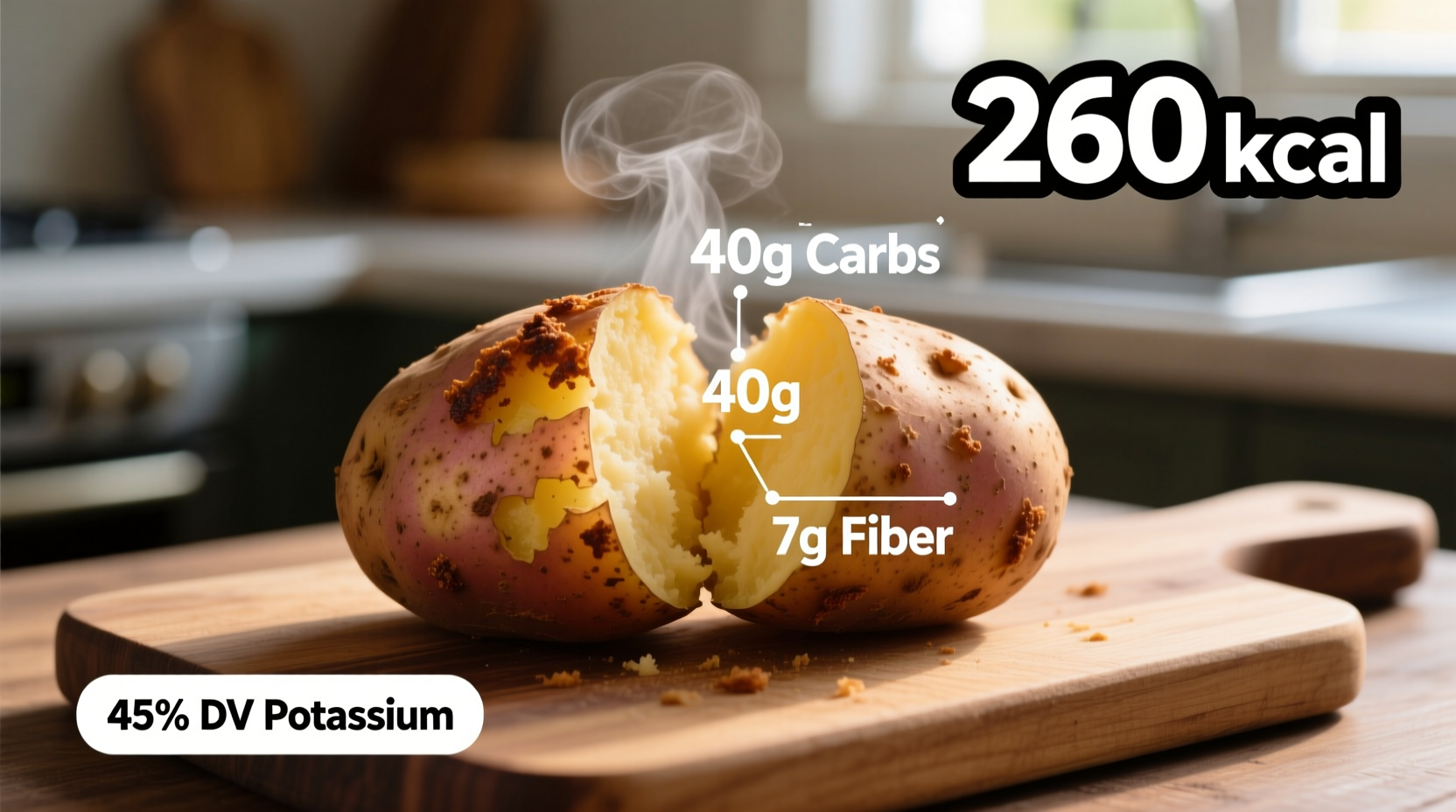 Baked potato with skin showing nutritional components