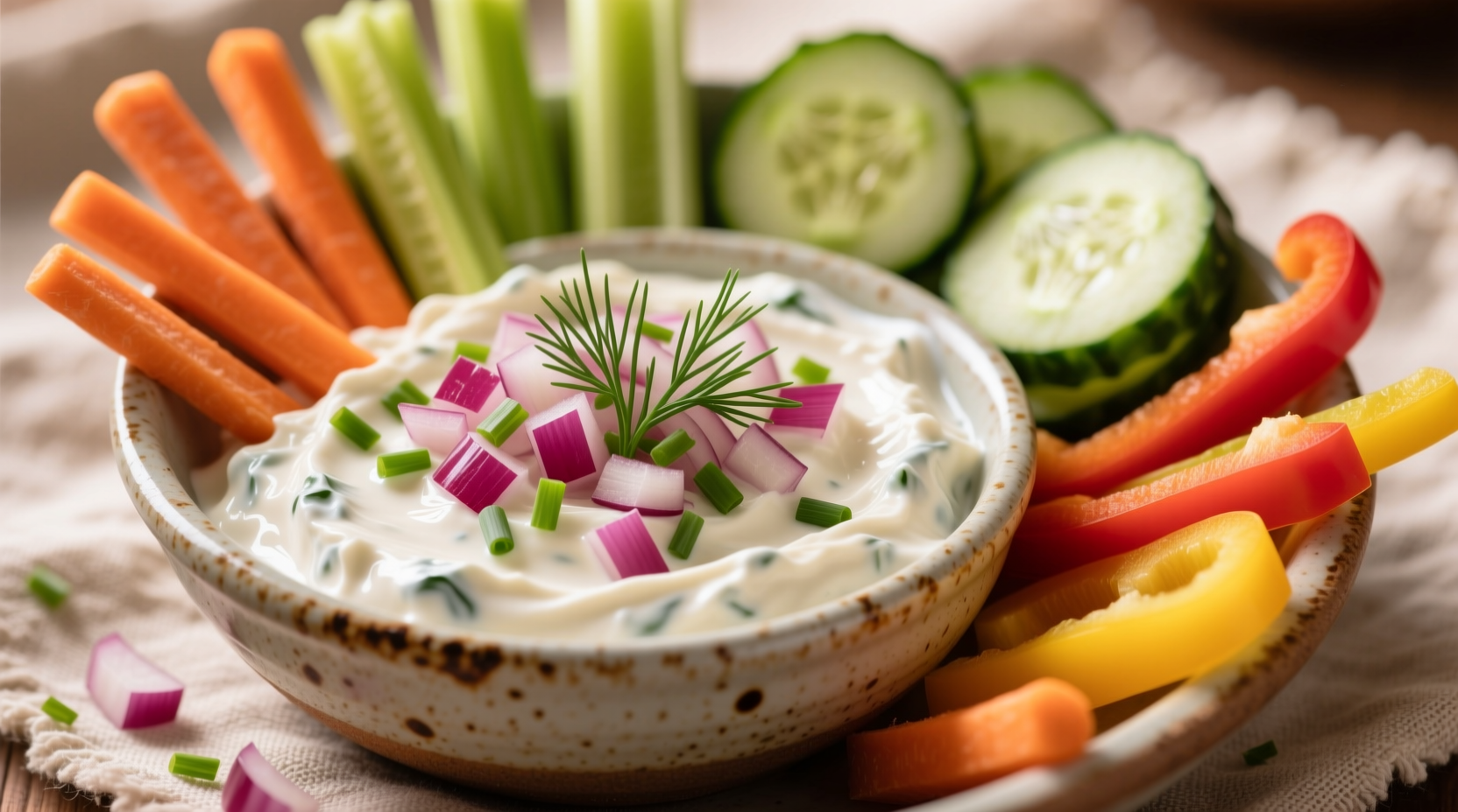 Creamy sour cream onion dip in bowl with vegetable dippers