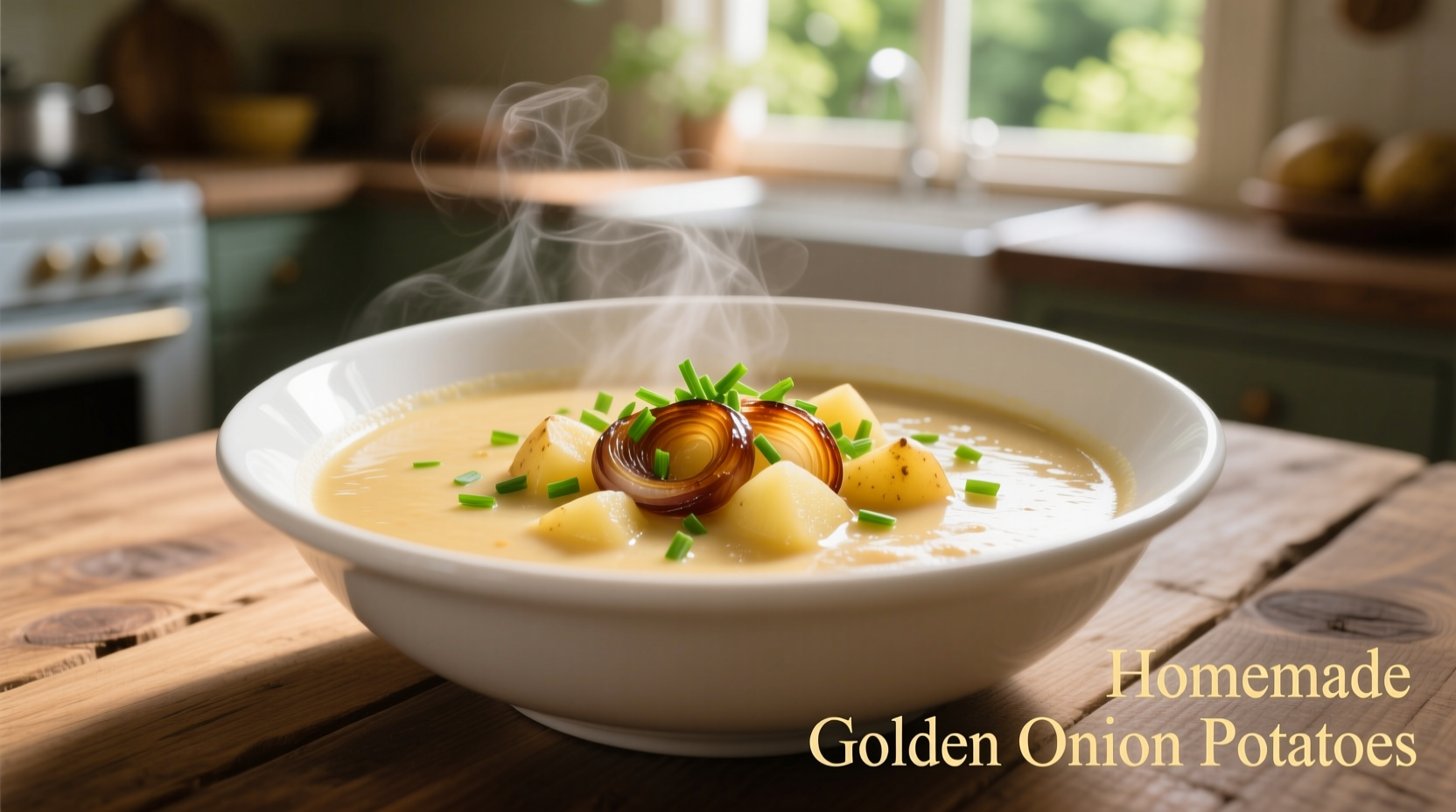 Golden onion potato soup in white bowl with fresh chives