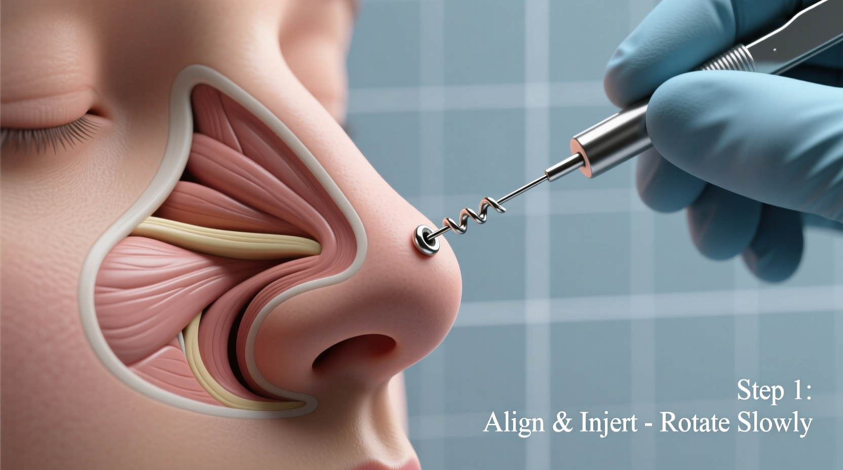 step by step guide to safely inserting a corkscrew nose stud without pain or damage