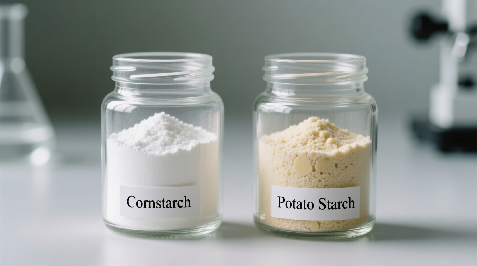 Cornstarch and potato starch side by side in clear containers